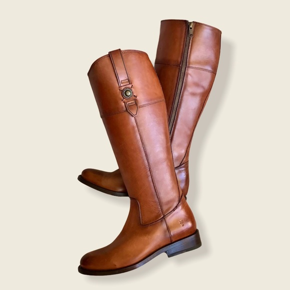 Frye Jayden Button Zip Up Cognac Brown Leather Equestrian Knee High Tall Boots - Picture 11 of 16